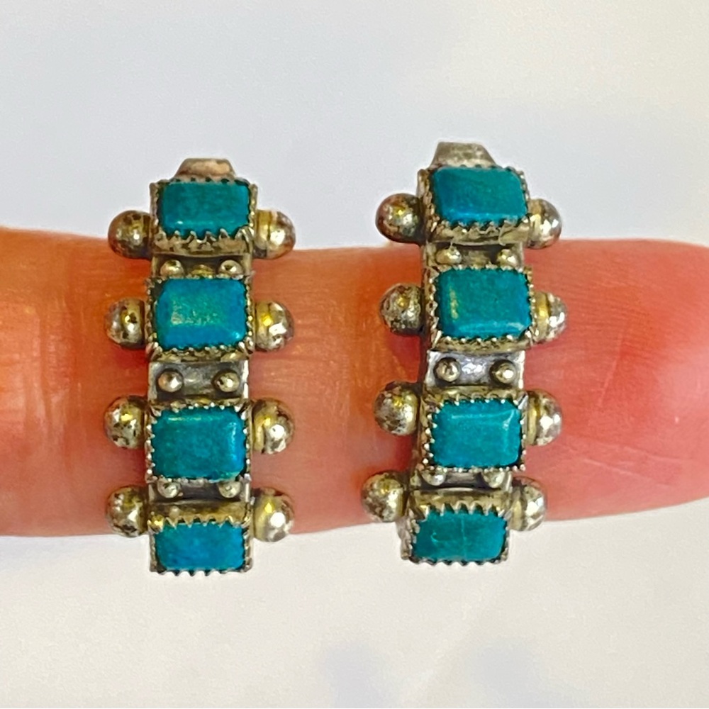 Vintage Sterling Silver Turquoise Screw Back Earrings Hoop Southwestern Native - Picture 6 of 13